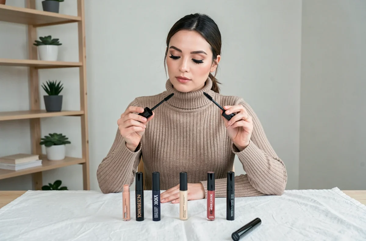 Éditrice beauté comparant différentes brosses de mascara adaptées à chaque type de cils sur une coiffeuse minimaliste