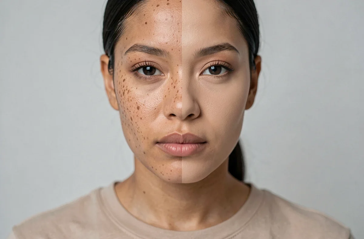 Portrait comparatif d'une femme avec et sans fond de teint sur chaque moitié du visage, mettant en valeur la texture de la peau