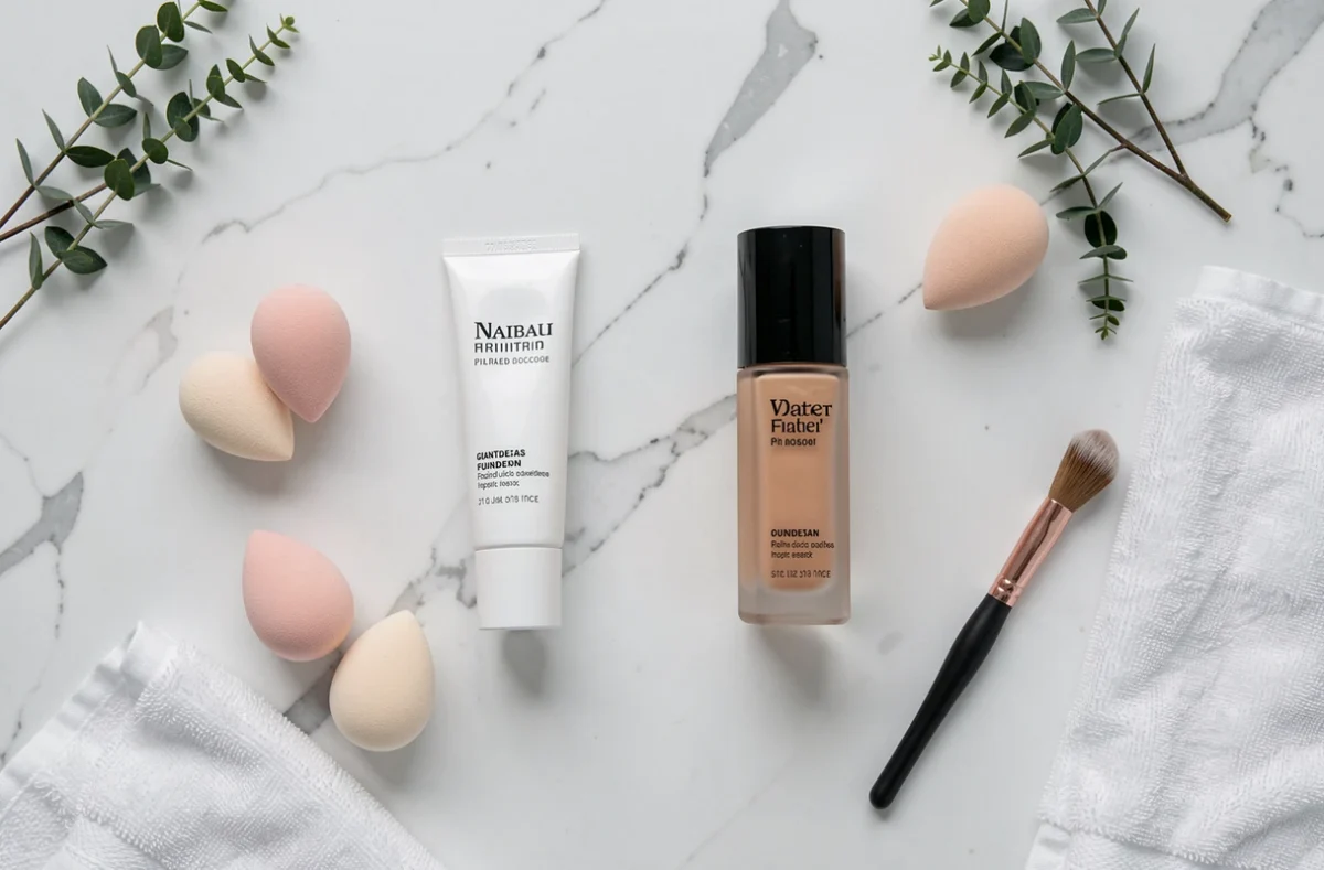 Comparaison flat lay entre un primer transparent et une base de maquillage teintée posés sur du marbre blanc avec des accessoires beauté