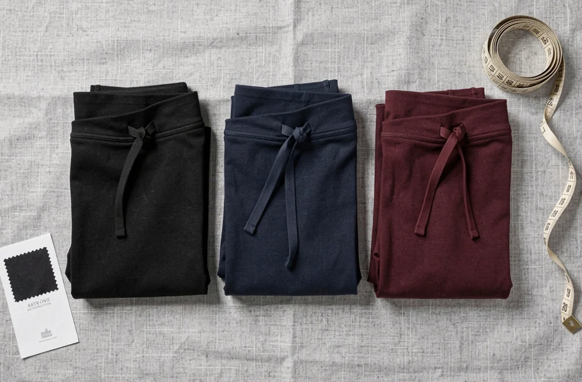 Comparaison de différents types de ceintures de leggings posés à plat sur fond lin gris