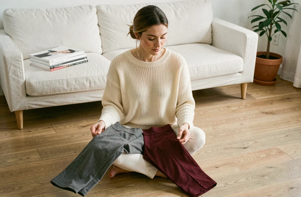 Femme comparant deux leggings de tailles différentes posés sur ses genoux dans un appartement moderne