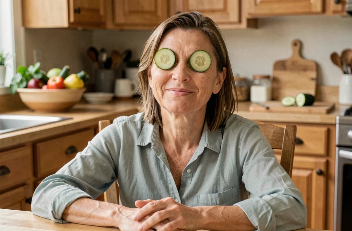 Femme à la maison utilisant des tranches de concombre sur les yeux comme soin beauté naturel quotidien
