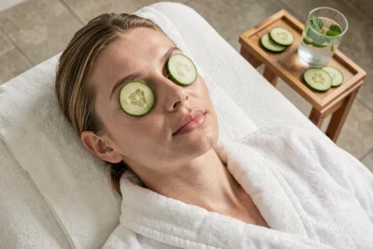 Femme allongée dans un spa avec des rondelles de concombre sur les yeux pour un soin beauté relaxant