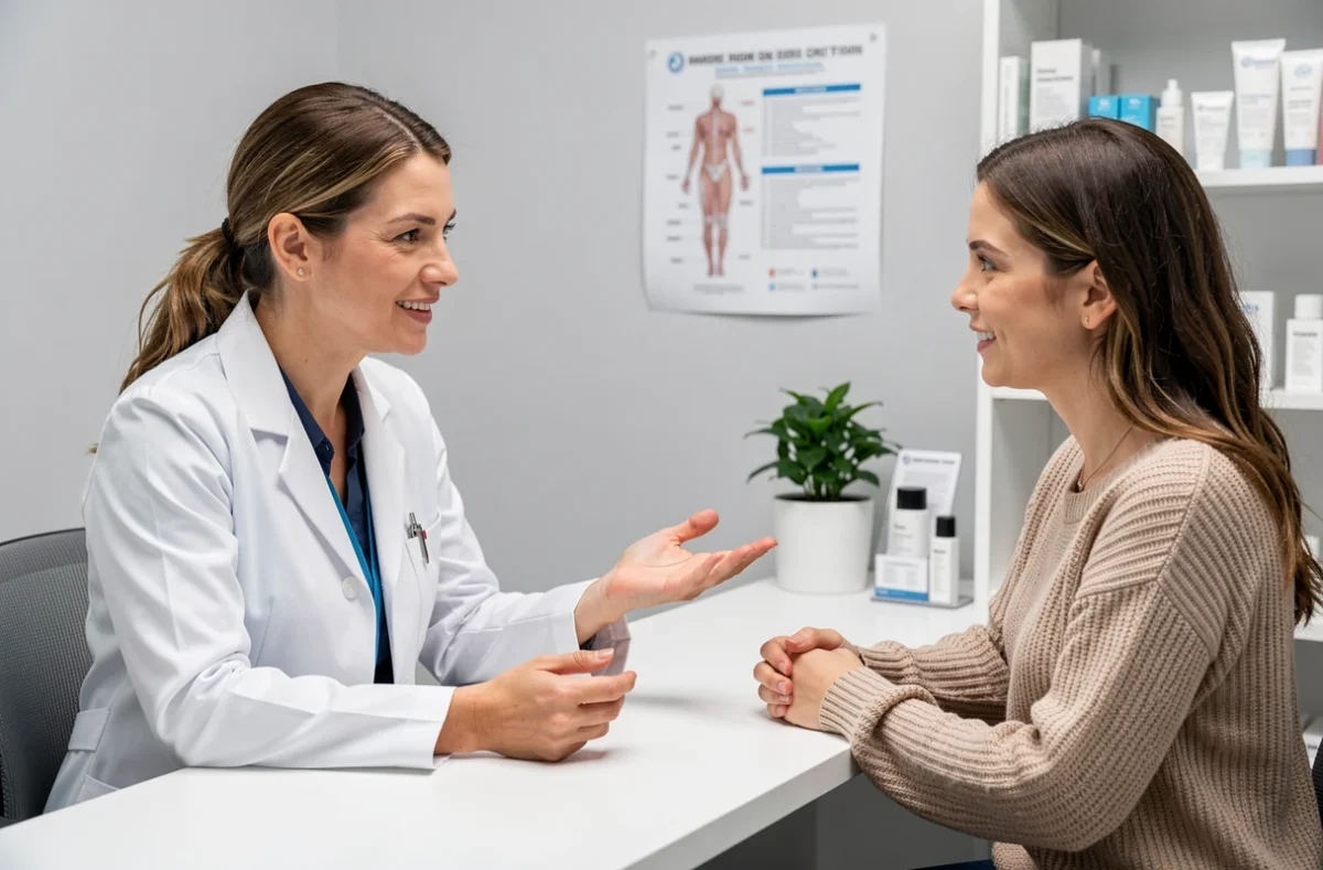 Dermatologue expliquant des soins pour stimuler la production de collagène à une patiente en consultation