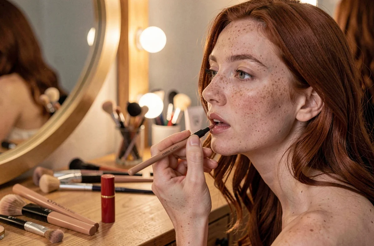 Femme traçant le contour de ses lèvres avec un crayon à lèvres devant une coiffeuse en bois avec des accessoires de maquillage