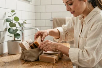 Femme rangeant des cosmétiques solides dans une trousse de voyage sur un comptoir en bois, savons et shampoings en barre enveloppés dans du papier kraft