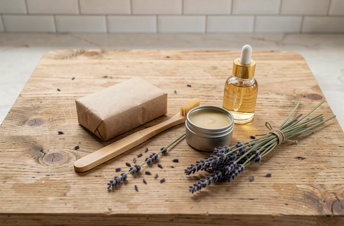 Plat de produits cosmétiques zéro déchet et naturels sur une surface en bois, vue du dessus
