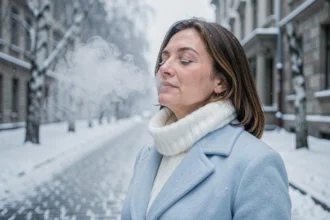 Femme en manteau bleu glacier dans une rue enneigée, illustrant la couleur visuelle du froid en hiver