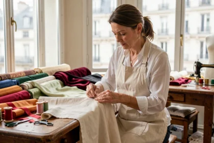Couturière parisienne cousant à la main un tissu de soie sur un mannequin de couture dans un atelier artisanal