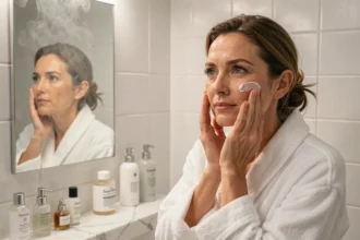 Femme de 40 ans appliquant une crème hydratante devant un miroir de salle de bain, ambiance soins naturels et routine beauté adaptée à l'âge