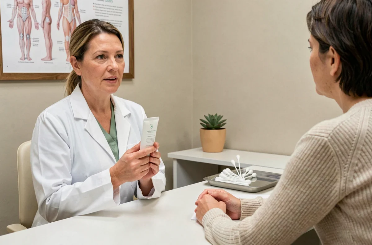 Dermatologue en consultation montrant un tube de crème à une patiente dans un cabinet médical moderne, discussion sur les produits comedogènes