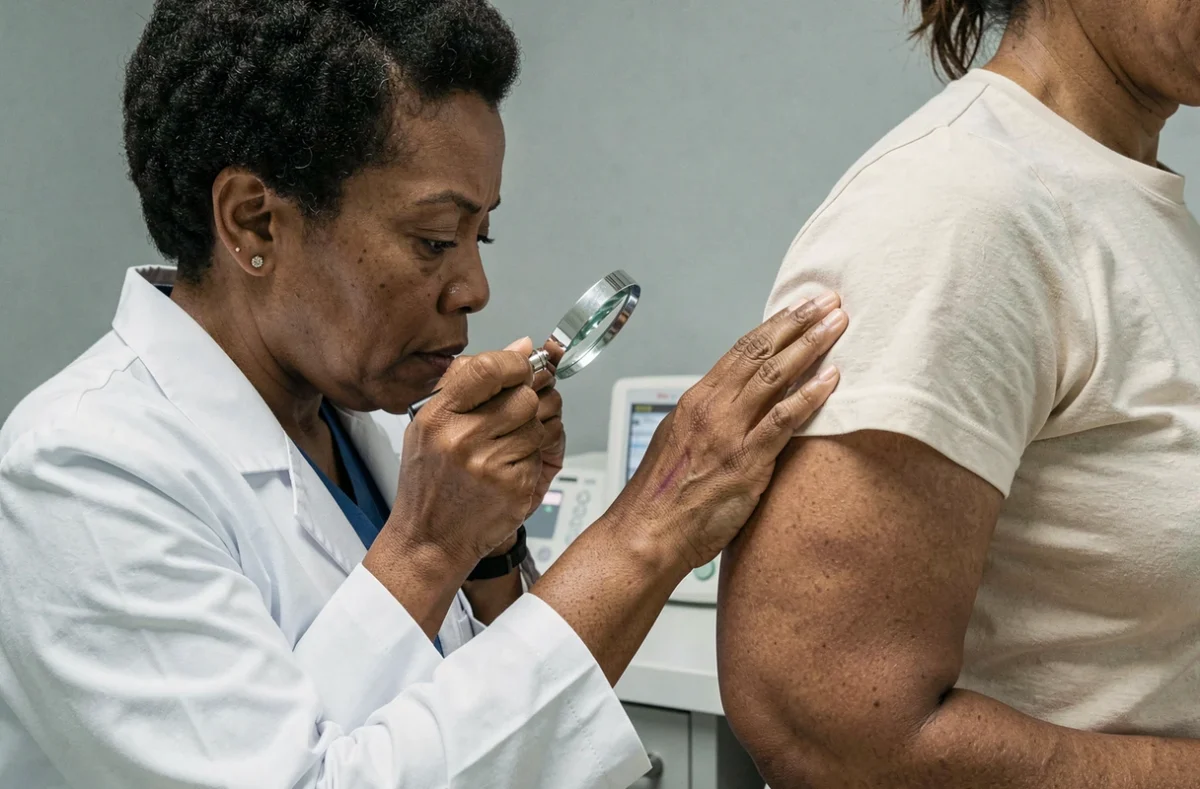 Dermatologue examinant une cicatrice sur la main d'un patient lors d'une consultation médicale spécialisée