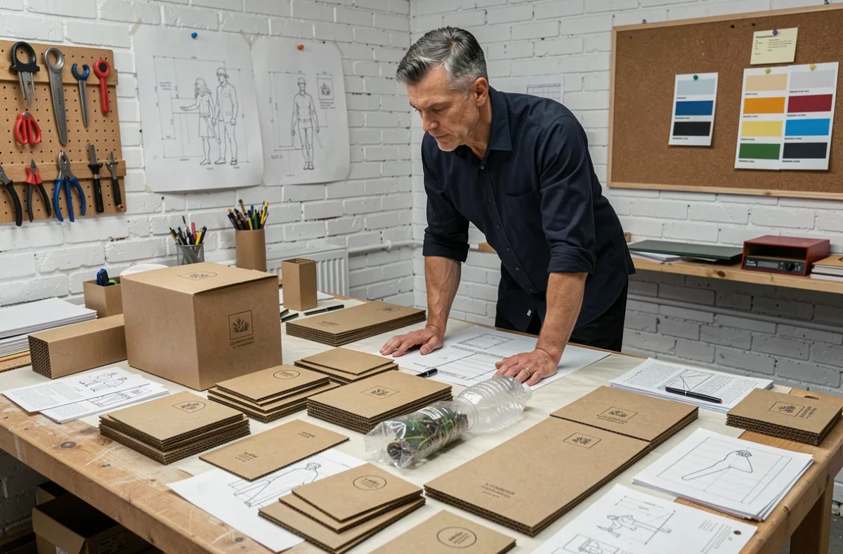 Designer industriel travaillant sur des prototypes de packaging responsable et recyclé dans un studio de création