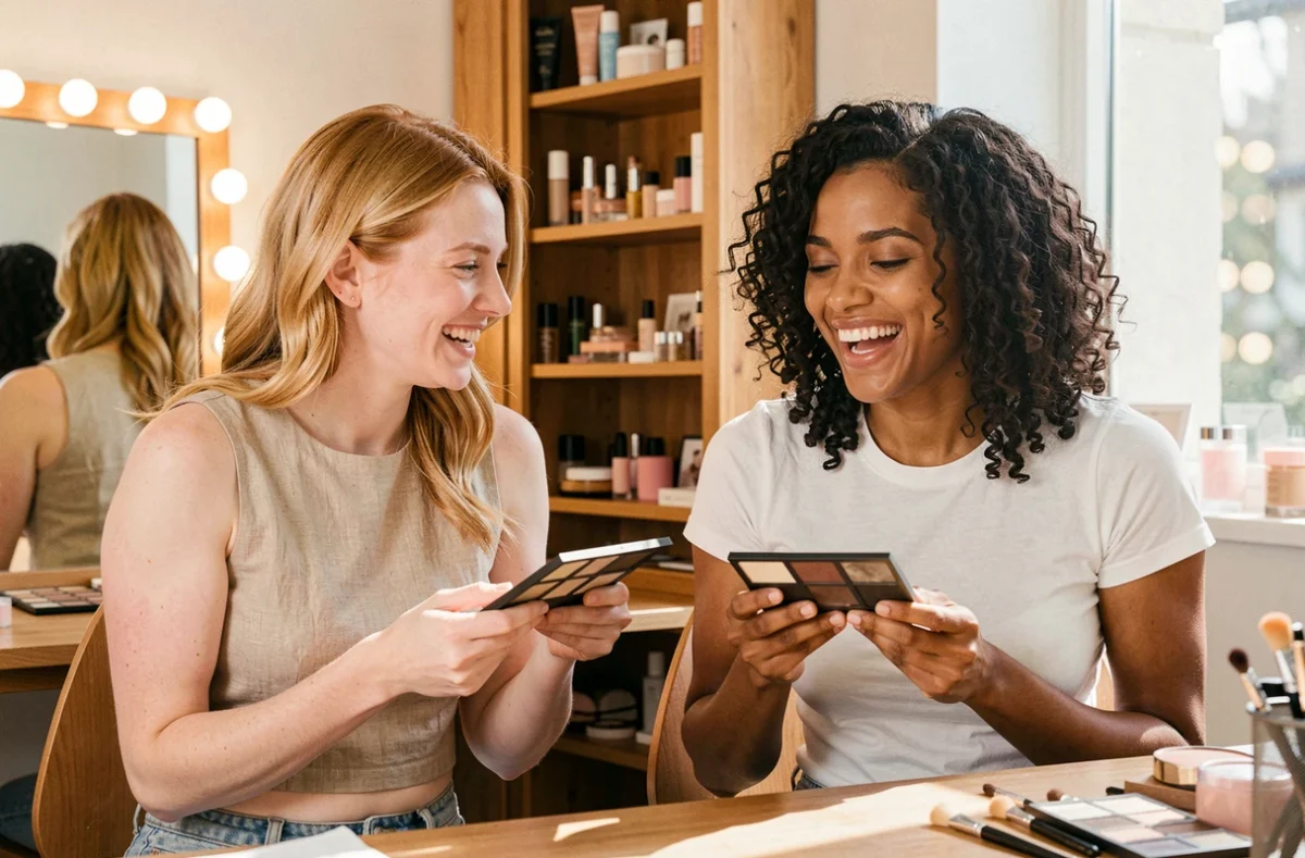 Deux femmes comparant des palettes de fards à paupières dans un studio beauté avec un sourire authentique