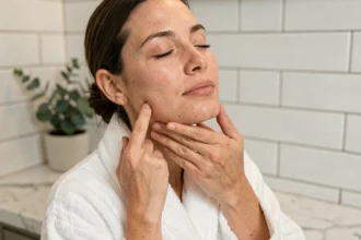 Femme pratiquant un drainage lymphatique du visage avec les doigts le long de la mâchoire dans une salle de bain épurée