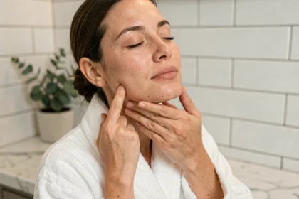Femme pratiquant un drainage lymphatique du visage avec les doigts le long de la mâchoire dans une salle de bain épurée