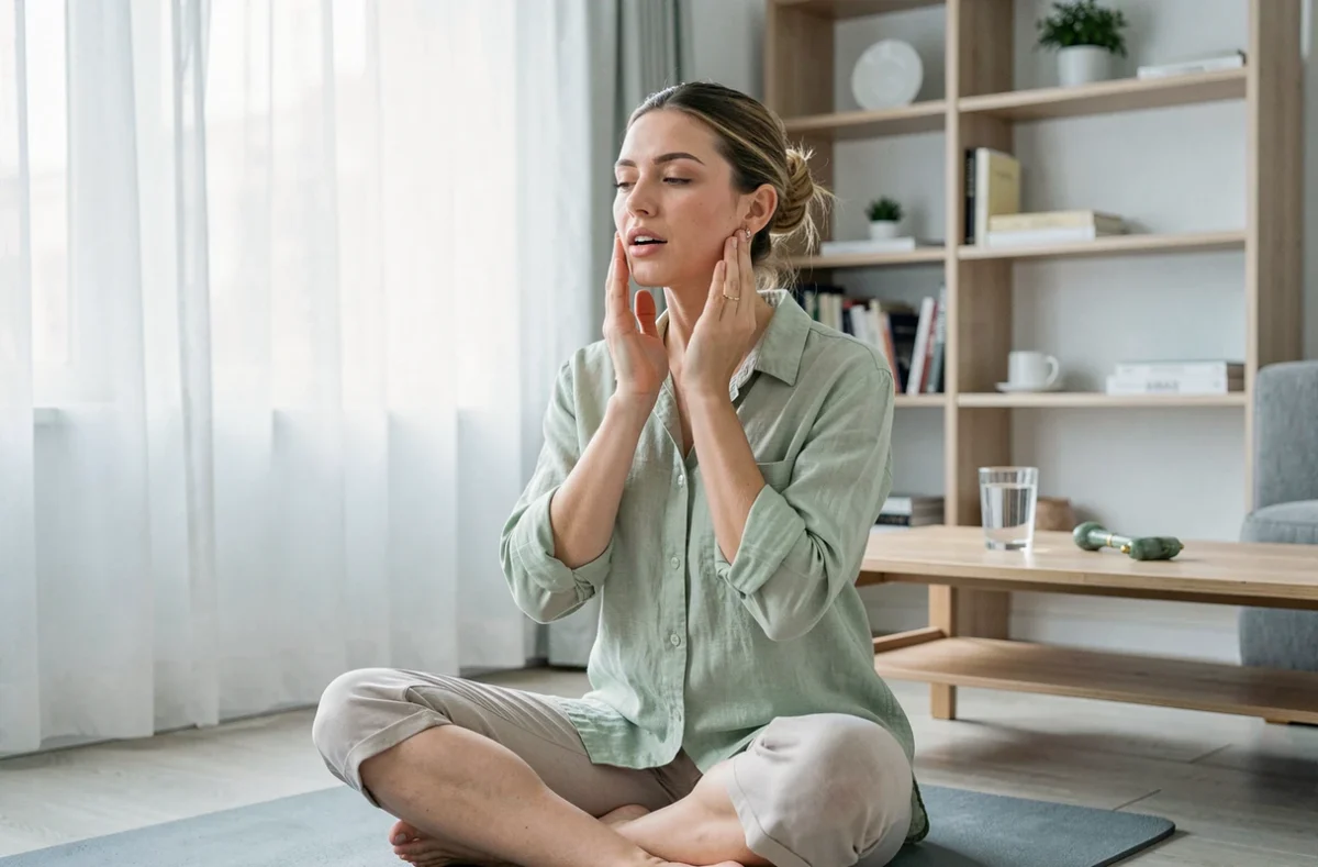 Jeune femme réalisant un drainage lymphatique du visage assise sur un tapis de yoga dans un salon lumineux avec un rouleau en jade visible