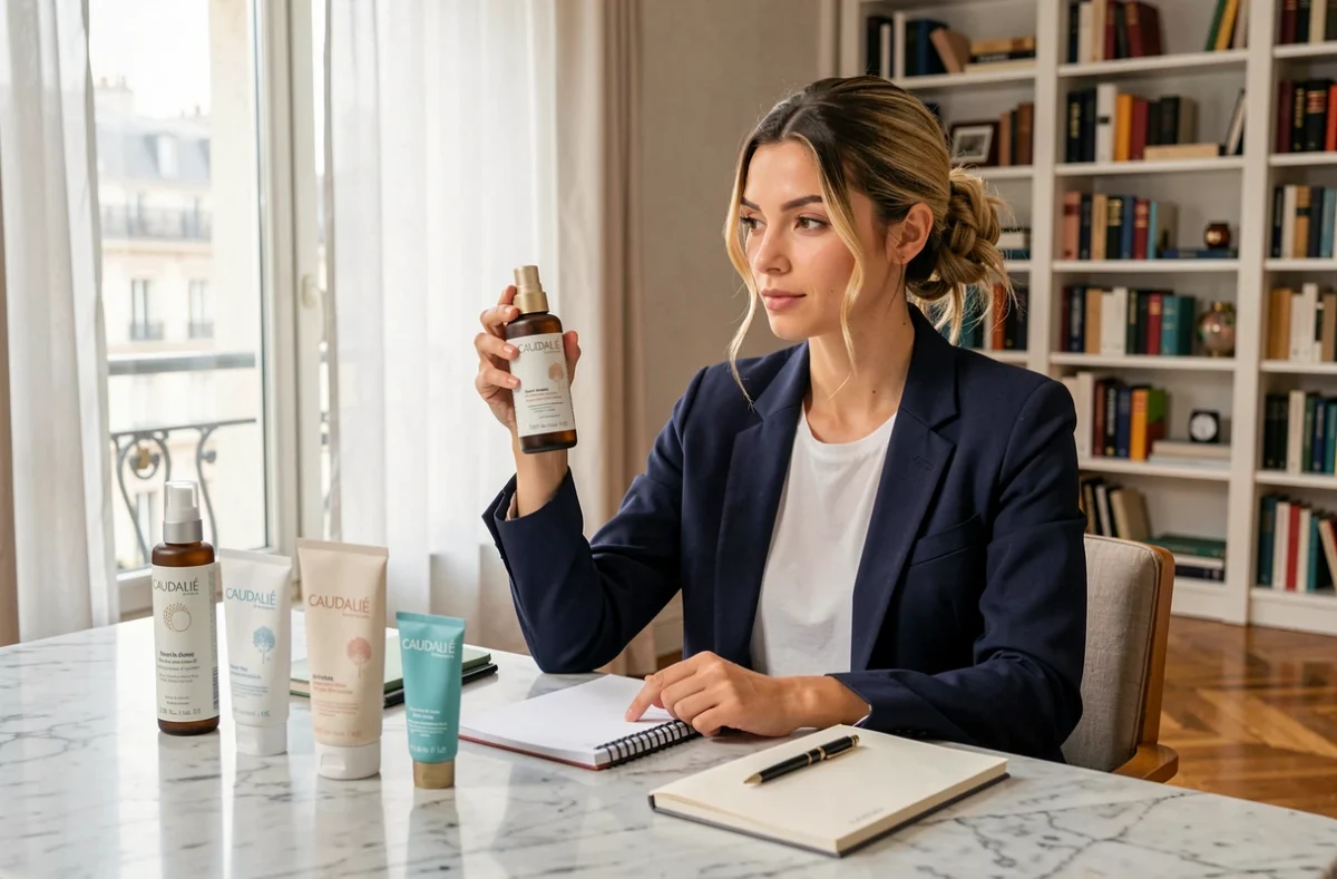 Éditrice beauté testant et évaluant des produits Caudalie dans un appartement parisien moderne