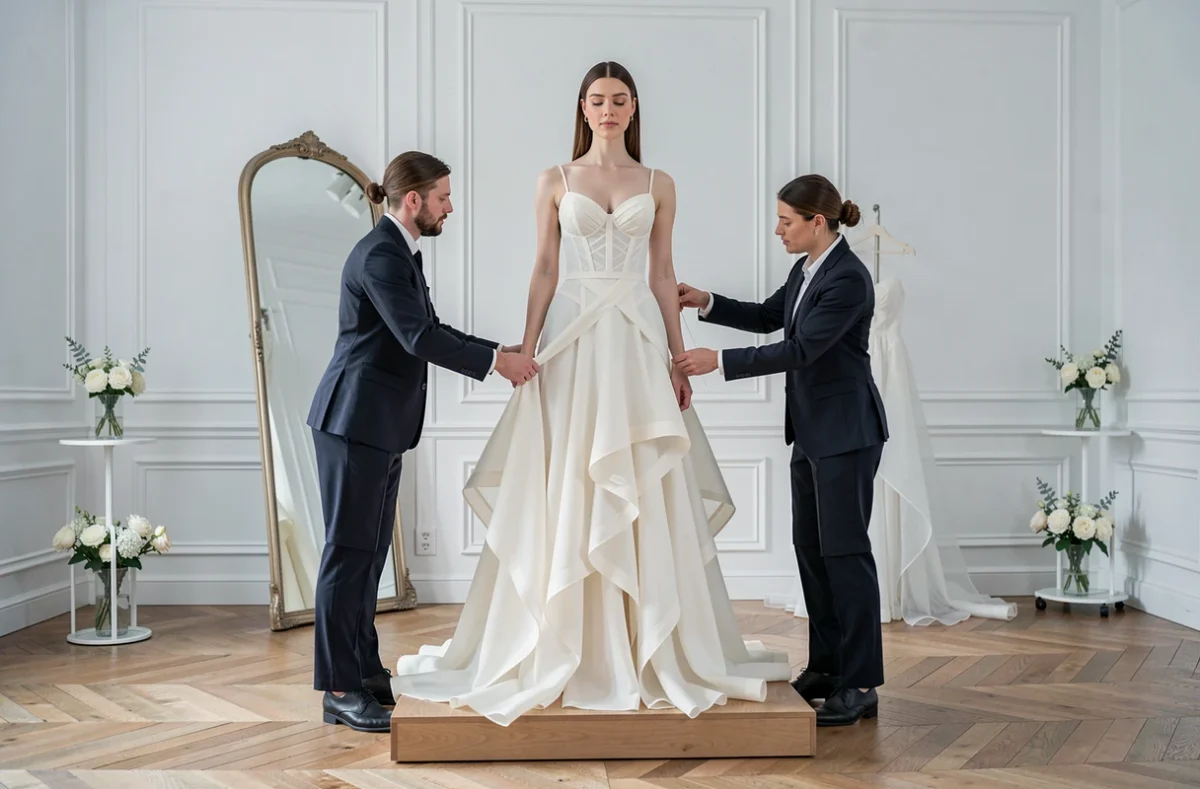 Séance d'essayage haute couture avec une robe en organza sur mesure dans un salon parisien élégant