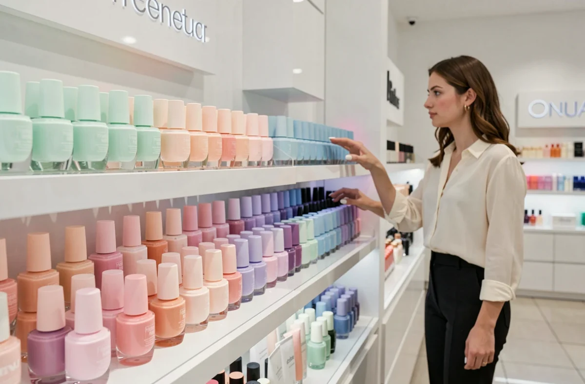 Étagère de boutique de cosmétiques remplie de vernis à ongles pastel en dégradé de couleurs tendance printemps