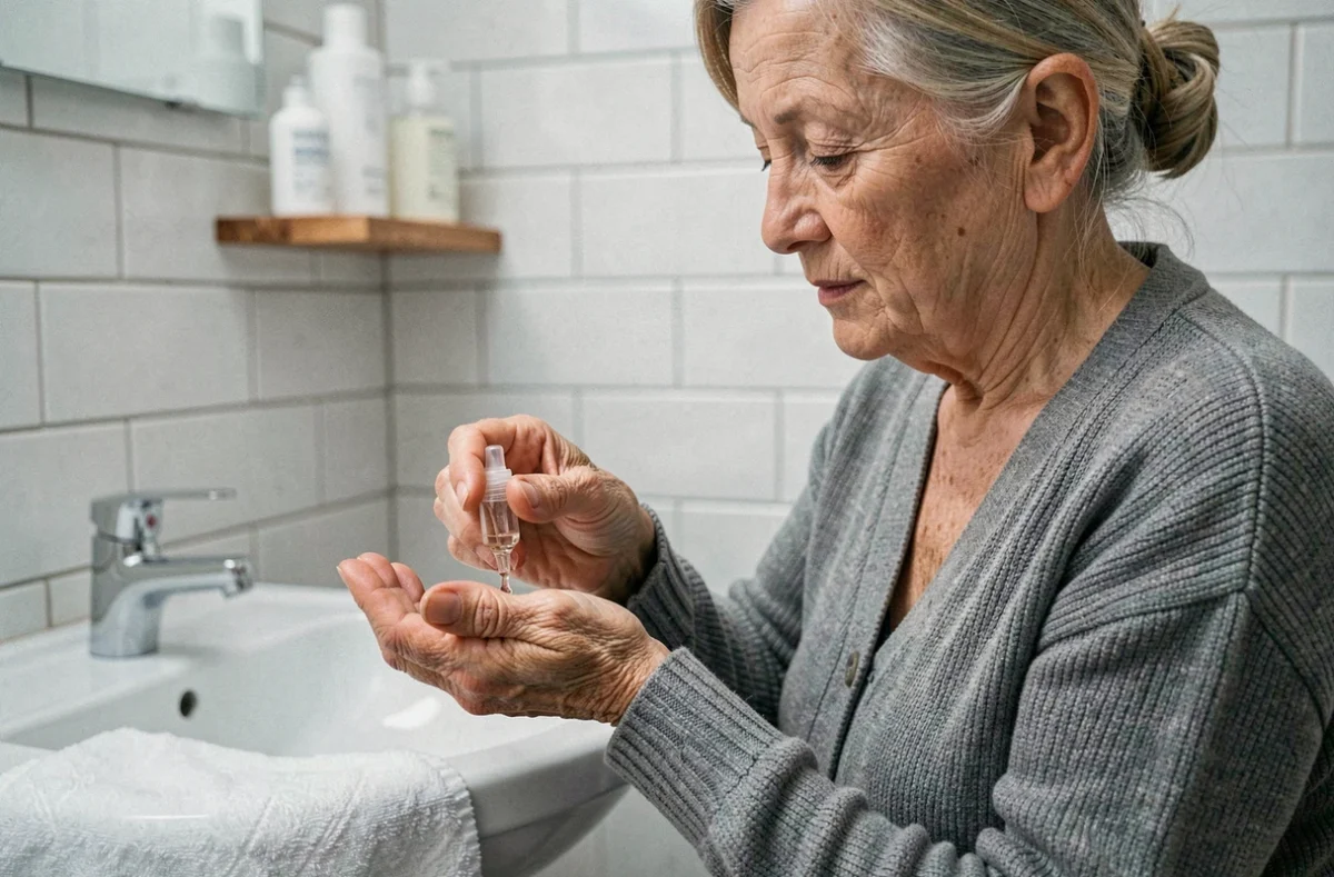 Femme âgée aux mains très sèches et ridées appliquant une huile de soin dans une salle de bain carrelée de blanc avec une expression sereine
