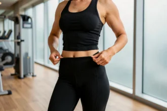 Femme ajustant la ceinture de son legging gainant noir dans une salle de sport moderne