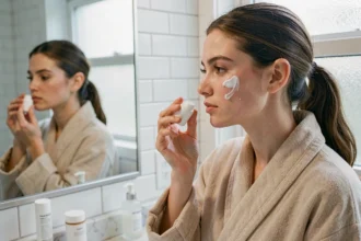 Jeune femme appliquant une crème Mixa sur son visage devant un miroir de salle de bain, gros plan sur la texture de la crème et les pores de la peau