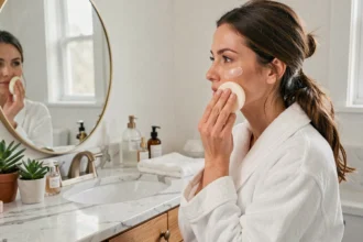 Femme appliquant du fond de teint liquide avec une éponge beauté devant un miroir dans une salle de bain naturelle