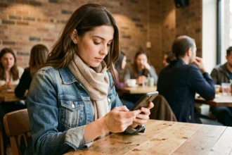 Jeune femme utilisant une application de rencontre sur smartphone dans un café, illustrant la concurrence dans le secteur des applis de dating comme Adopt