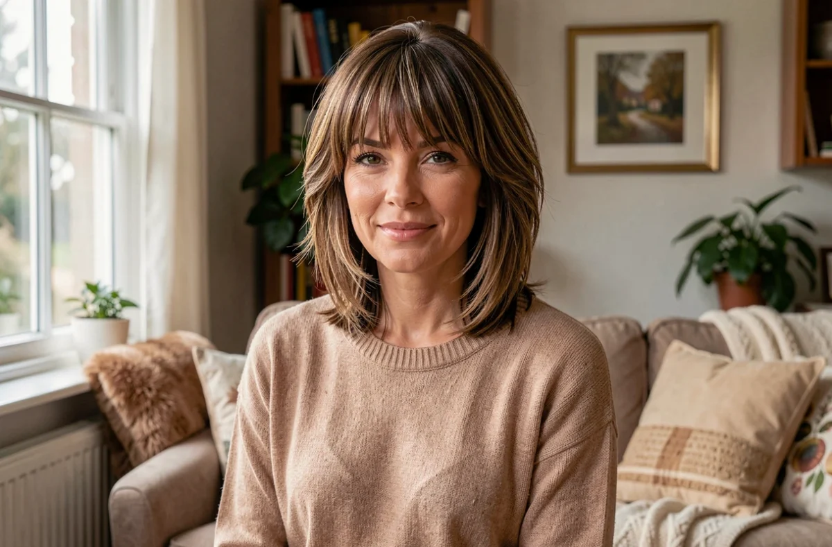 Femme aux cheveux mi-longs avec un shag et une frange rideau