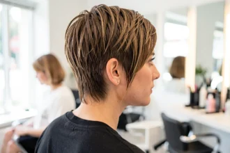 Femme avec une coiffure originale, pixie texturée et carré asymétrique