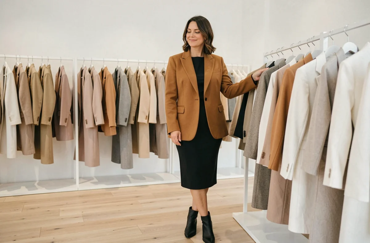 Femme en blazer oversize camel faisant du shopping dans une boutique minimaliste et lumineuse