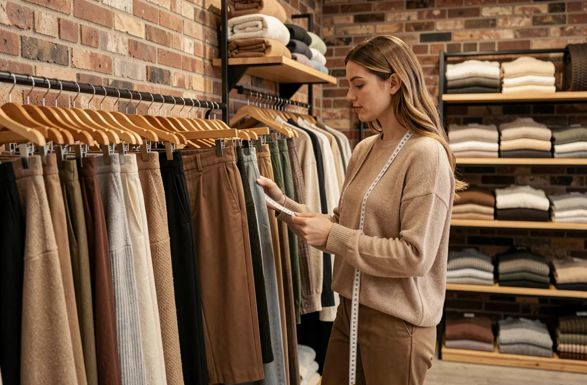 Femme en boutique de vêtements consultant des articles en taille 38 avec un mètre ruban posé sur l'épaule