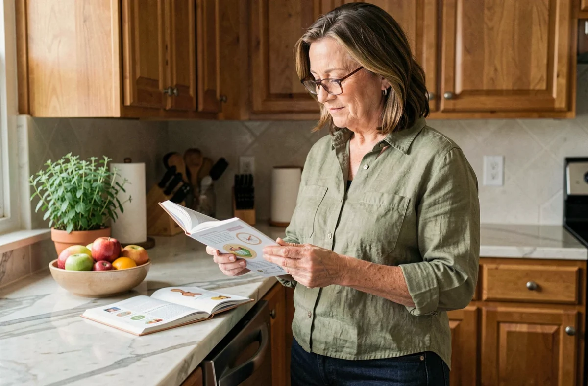 Femme de 50 ans consultant un guide nutritionnel dans sa cuisine, abordant le poids idéal en fonction de l'âge et de la morphologie