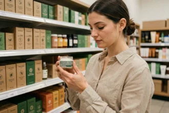 Femme lisant l'étiquette d'un produit cosmétique bio en pharmacie, rayon beauté écoresponsable