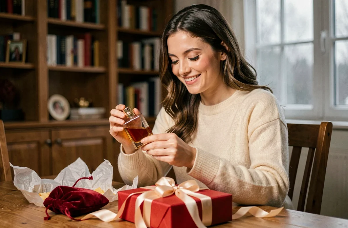 Jeune femme déballant un coffret parfum cadeau à table, tenant un flacon de verre ambré avec un sourire naturel lors d'une occasion festive