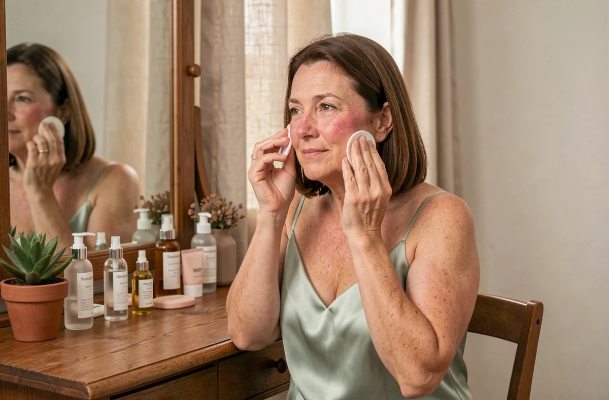 Femme d'une cinquantaine d'années retirant son maquillage avec un coton devant une coiffeuse en bois, illustrant l'importance du démaquillage pour prévenir les rides