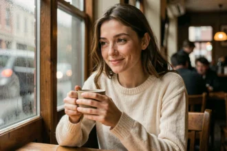 Femme aux émotions ambivalentes dans un café, illustrant la dualité émotionnelle des signes astrologiques bipolaires