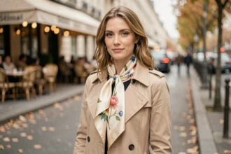 Femme portant un foulard carré en soie noué autour du cou sur un manteau beige dans une rue parisienne en automne