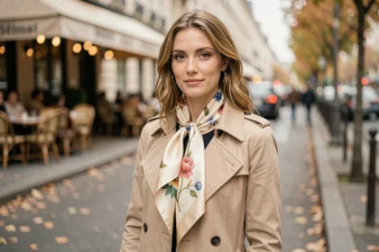 Femme portant un foulard carré en soie noué autour du cou sur un manteau beige dans une rue parisienne en automne