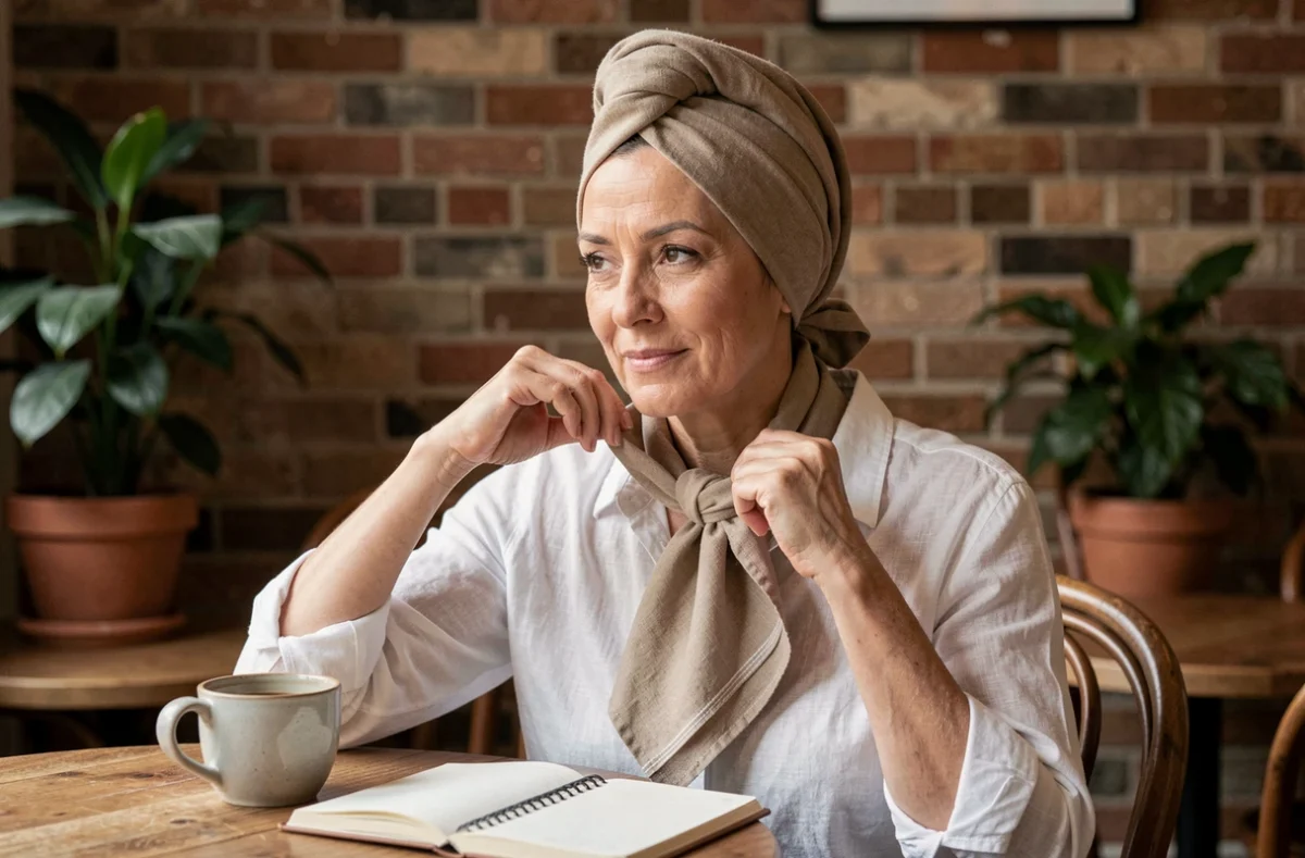 Femme portant un foulard carré noué en turban sur la tête dans un café avec murs en briques apparentes