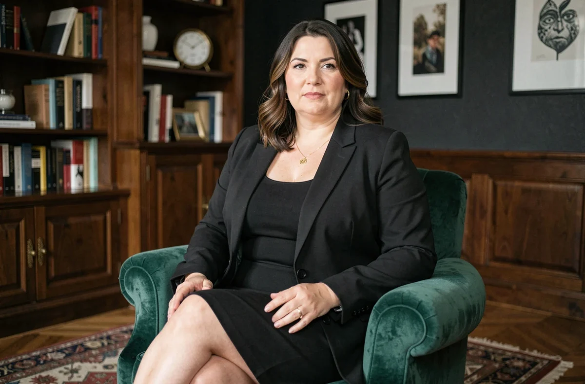 Femme grande taille élégante en blazer noir structuré assise dans un fauteuil velours émeraude dans un salon raffiné