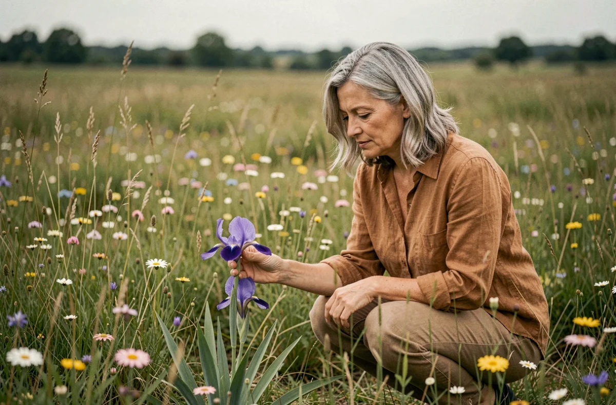 Femme mature contemplant un iris violet dans une prairie sauvage, fleur symbolisant la féminité et la sagesse