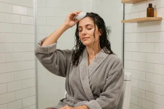 Femme utilisant un masseur de cuir chevelu en silicone sur cheveux mouillés dans une salle de bain lumineuse