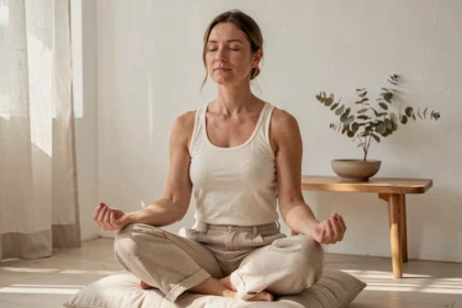 Femme pratiquant la méditation assise en tailleur dans une pièce minimaliste lumineuse, peau éclatante et sereine
