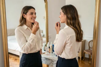 Jeune femme souriante devant un miroir appliquant du gloss dans un appartement parisien élégant, illustrant les conseils beauté pour paraître plus attirante