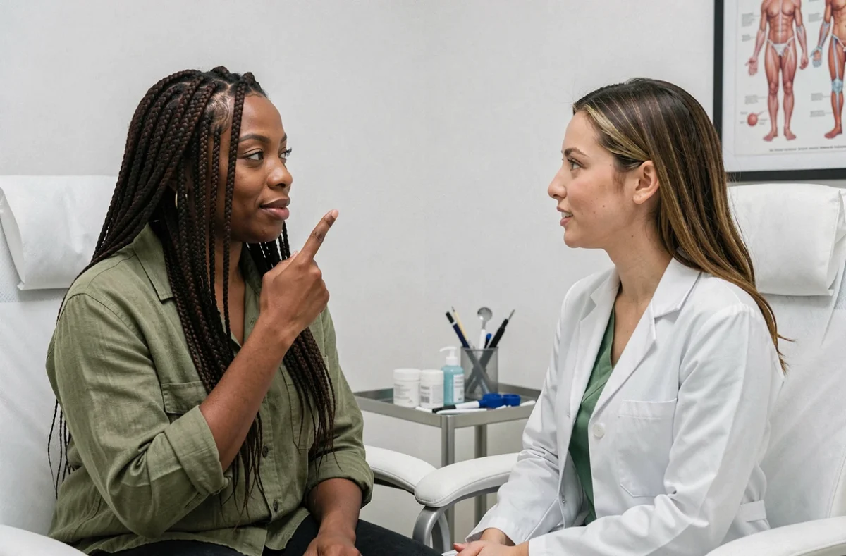 Femme noire en consultation dermatologique pour traiter les cernes persistants sous les yeux