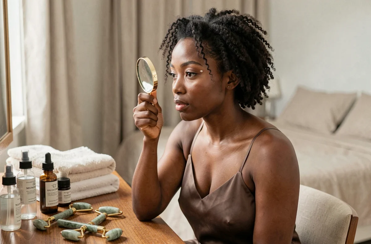 Jeune femme noire examinant ses cernes sous les yeux à la lumière naturelle devant une coiffeuse