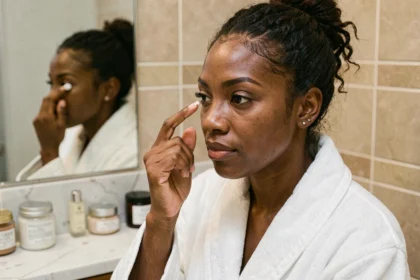 Femme noire appliquant une crème anti-cernes sous les yeux devant un miroir de salle de bain