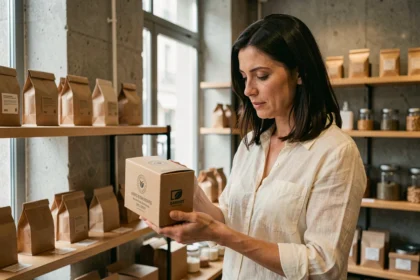 Femme examinant un packaging écologique en carton kraft dans une boutique parisienne aux étagères en bois